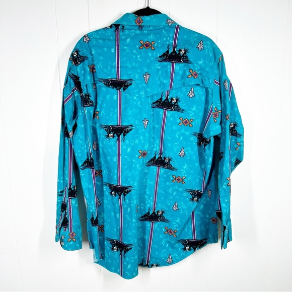 VTG Wrangler Blue Cowboy Cut Regular Fit Aztec Print Western X Long Tails 17 1/2 - Picture 2 of 8